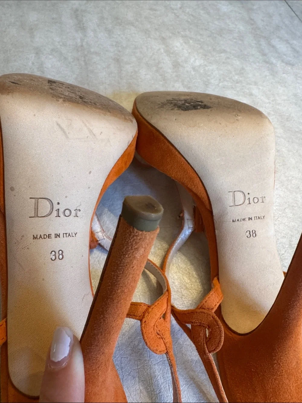 Dior Orange Suede T-Strap Slingback Heels